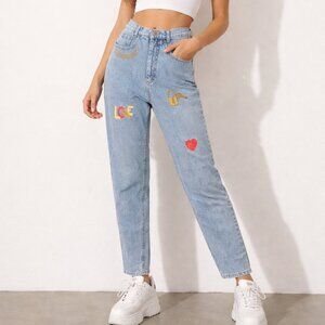 Womens Pomerggio Slim Jeans Patches Denim Italy Size 40 XS 24x28 Heart Love Lock